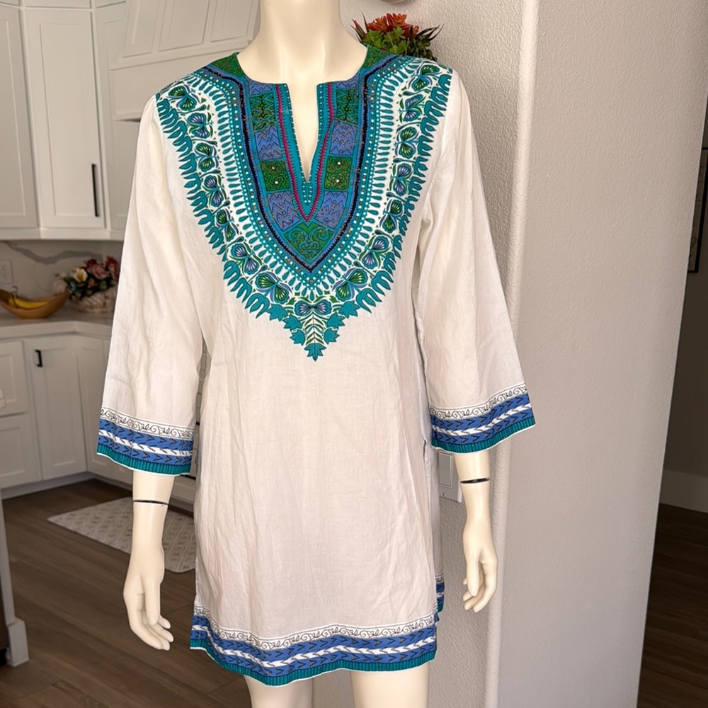 Peppermint Bay Tunic Top Kaftan Beach Cover-up Women’s White Multi 3/4 Sleeve L